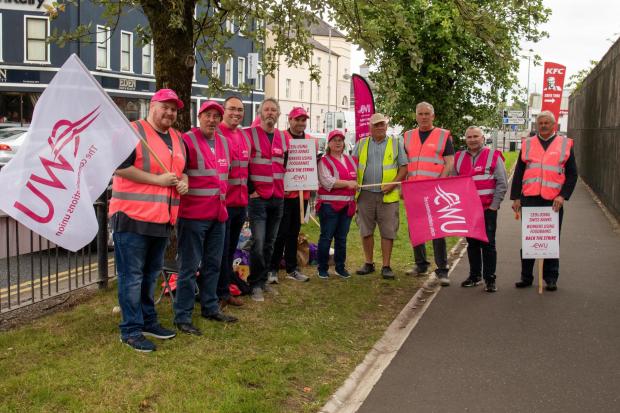 BT workers on the picket line outside the BT building in Enniskillen on Friday. The historic strike also took place on Monday.