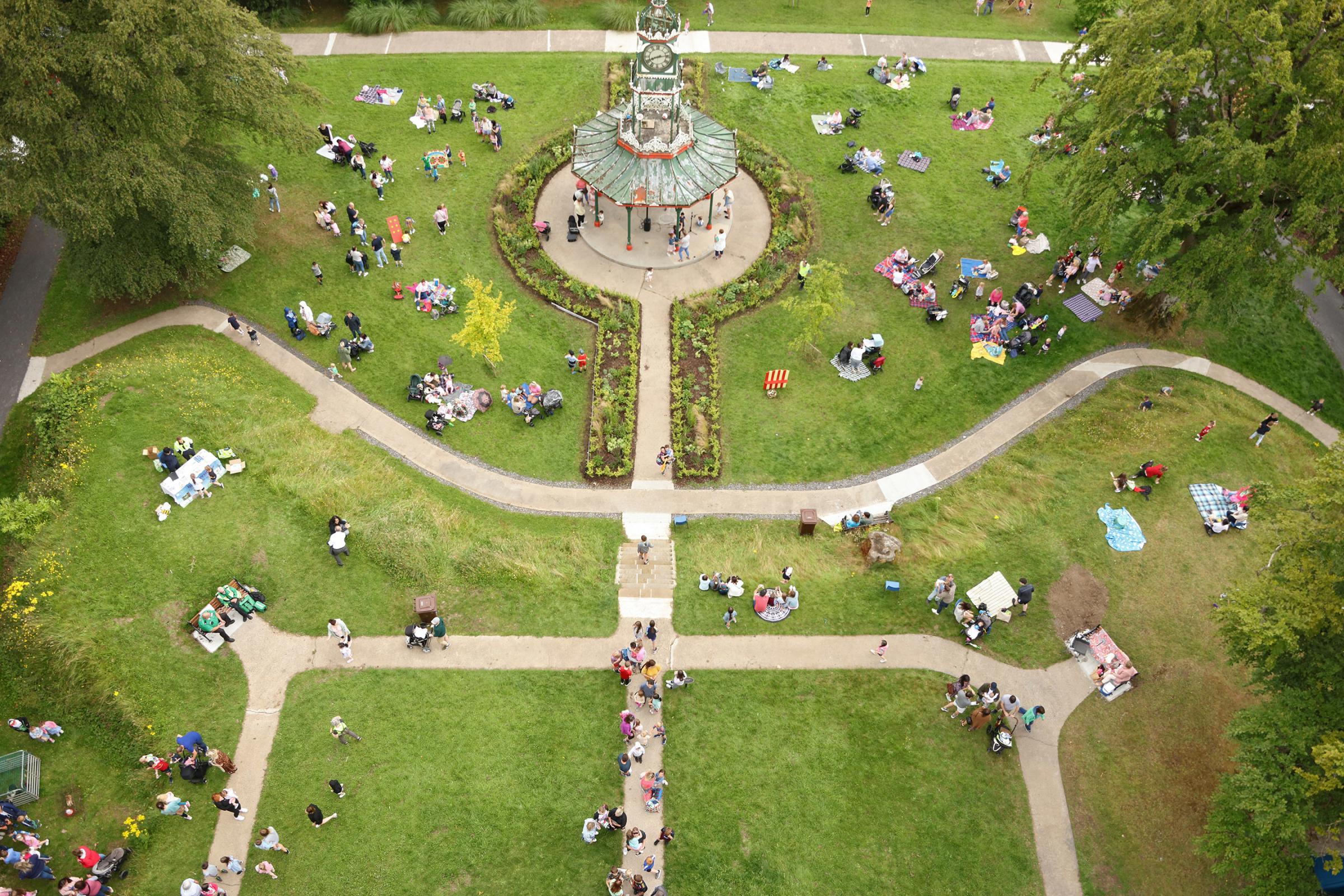 A birds eye view of the party in Forthill Park.