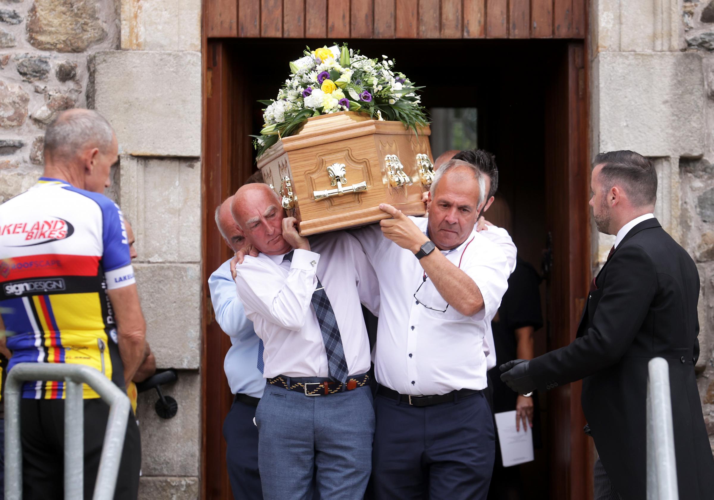 The remains of William Lyons, carried by members of his family, as it leaves St. Johns, Church of Ireland Church, Fivemiletown, for burial in the adjoining graveyard.