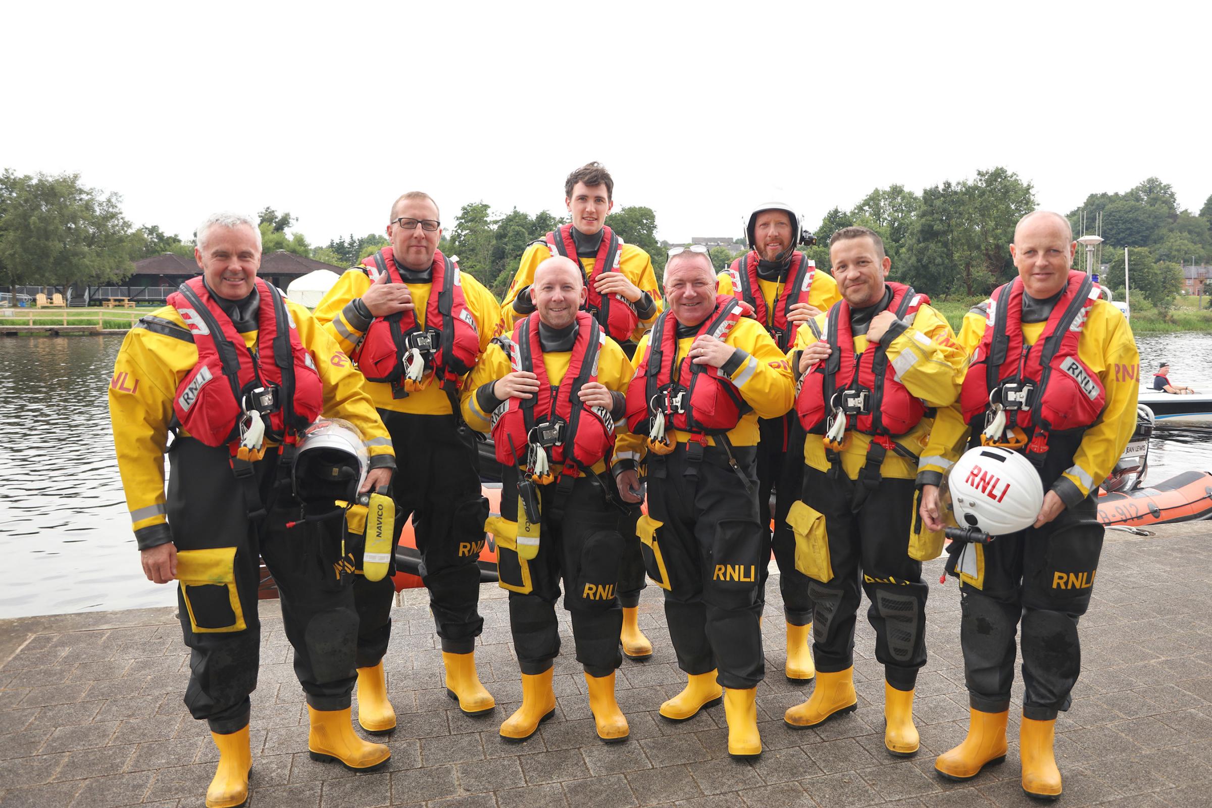 Members of the RNLI who were on the lake to keep an eye on the swimmers, back row Joe Donnelly and Barry Flanagan. Front row, Davy Reid, Richard McFarland, Stevi Ingrim, Killian Creggan, Seamus McHugh and Chris Cathcart.
