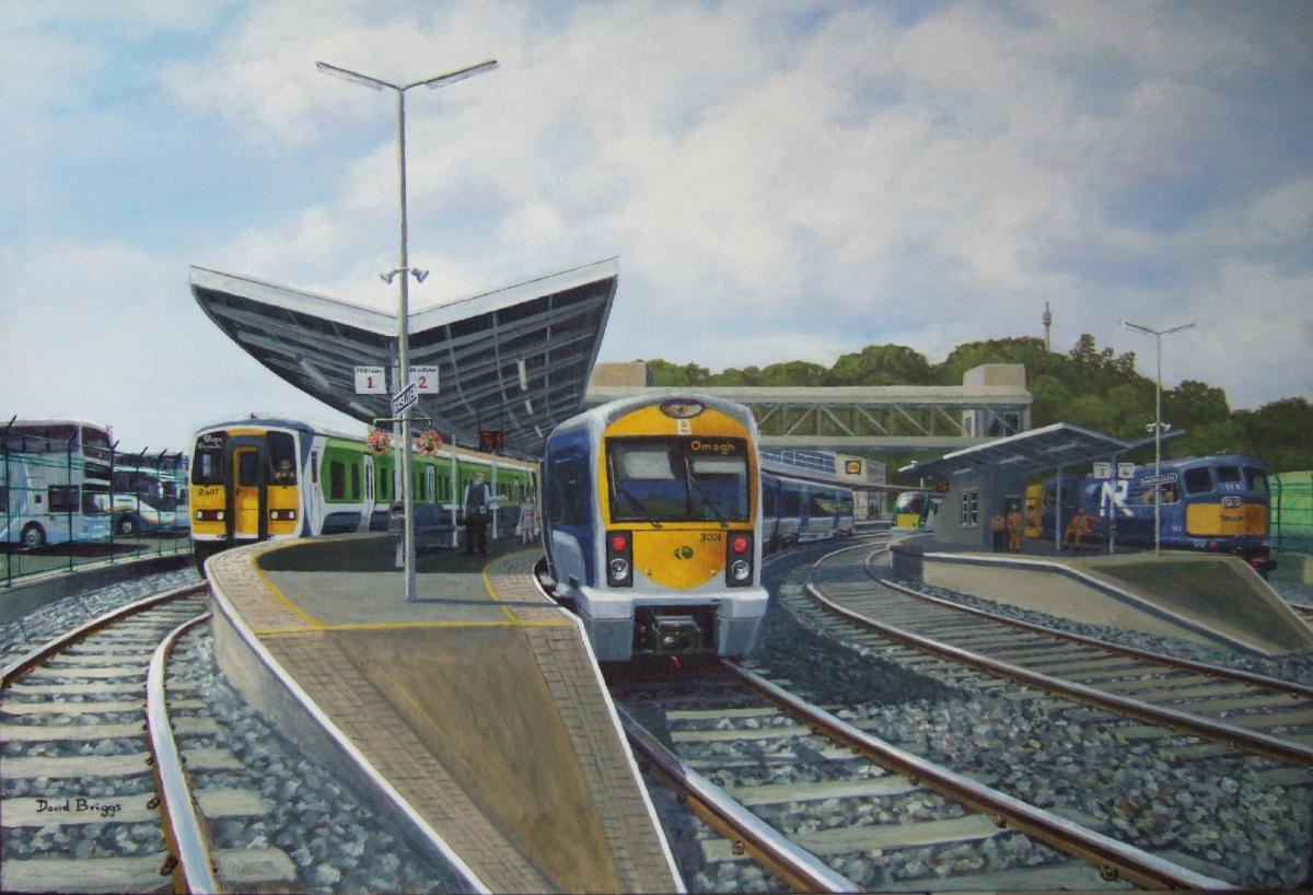 Painting of Enniskillen Railway Station by railway artist David Briggs depicting what Enniskillen station might have looked like should it have remained open in 2021