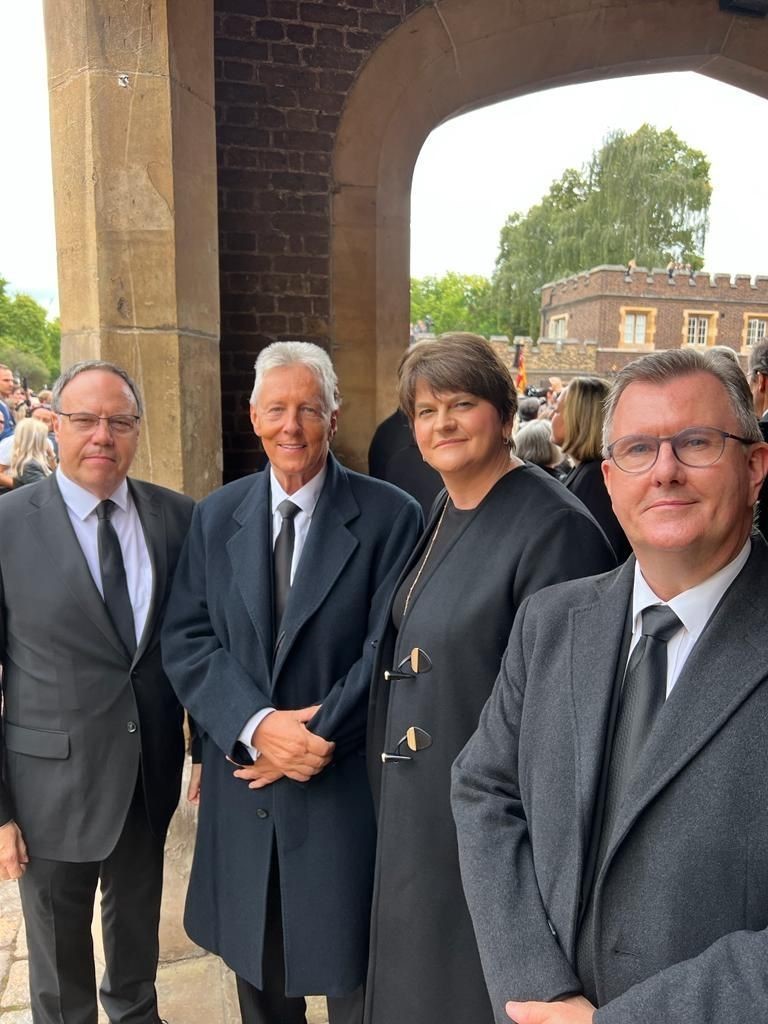 Pictured left to right: Accession Council members, former DUP deputy leader Lord Dodds, former DUP leaders Peter Robinson and Dame Arlene Foster, with current DUP leader Sir Jeffrey Donaldson, outside St Jamess Palace, London.
