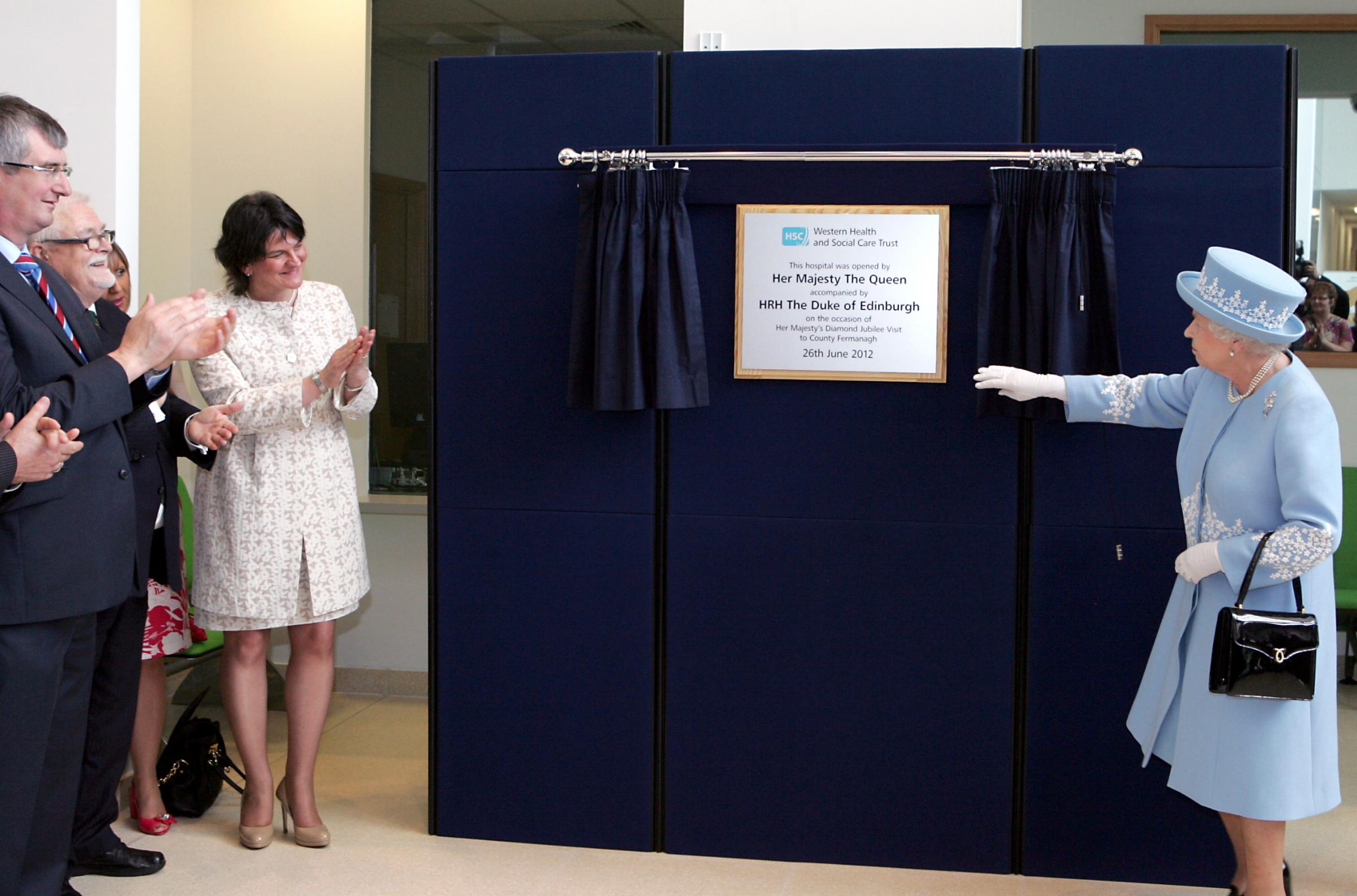 Her Majesty The Queen, offically opening the new South West Acute Hospital in Enniskillen as former First Minister Dame Arlene Foster looks on.