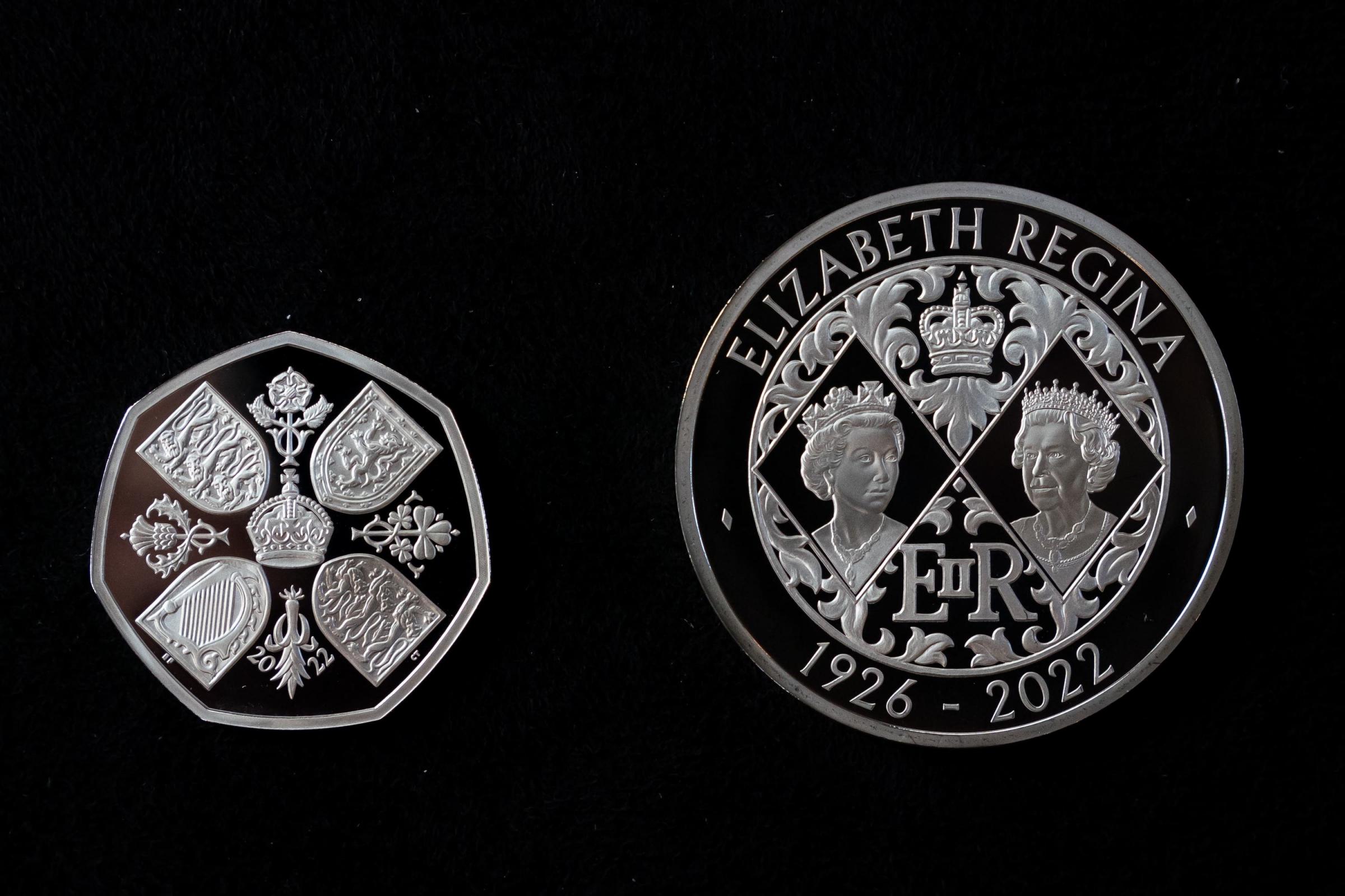 A 50 pence and £5 Crown commemorating the life and legacy of Queen Elizabeth II (Aaron Chown/PA).