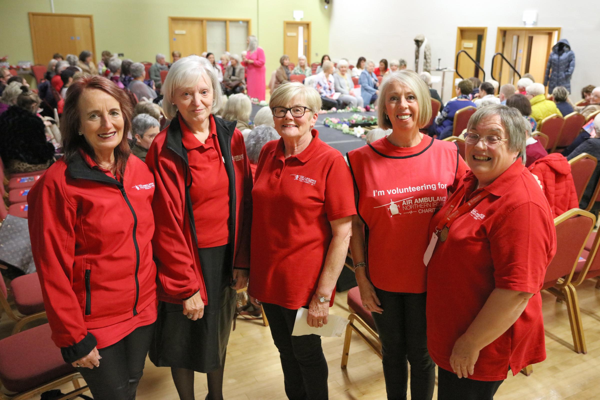 Local Air Ambulance volunteers Hazel McClements, Myrtle South, Myrtle Irvine, Karen Clyde and Avril Stubbs just getting ready for the fashion show to start.