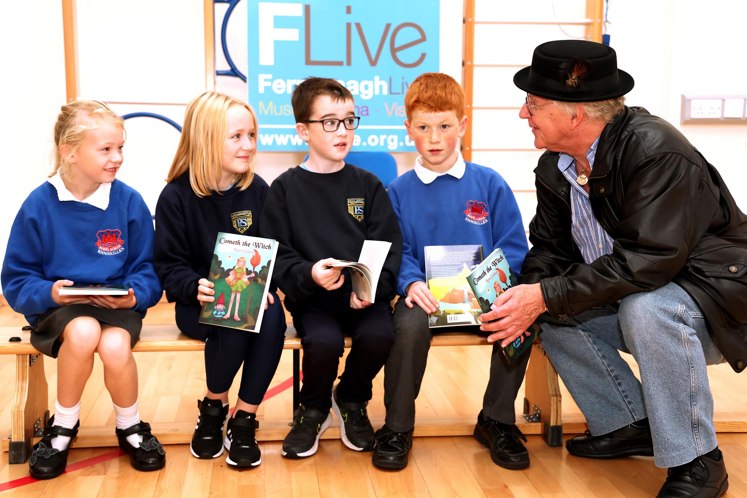Kevin J Adcock, Author, speaking with pupils from Enniskillen Model and Mullanaskea Primary Schools.