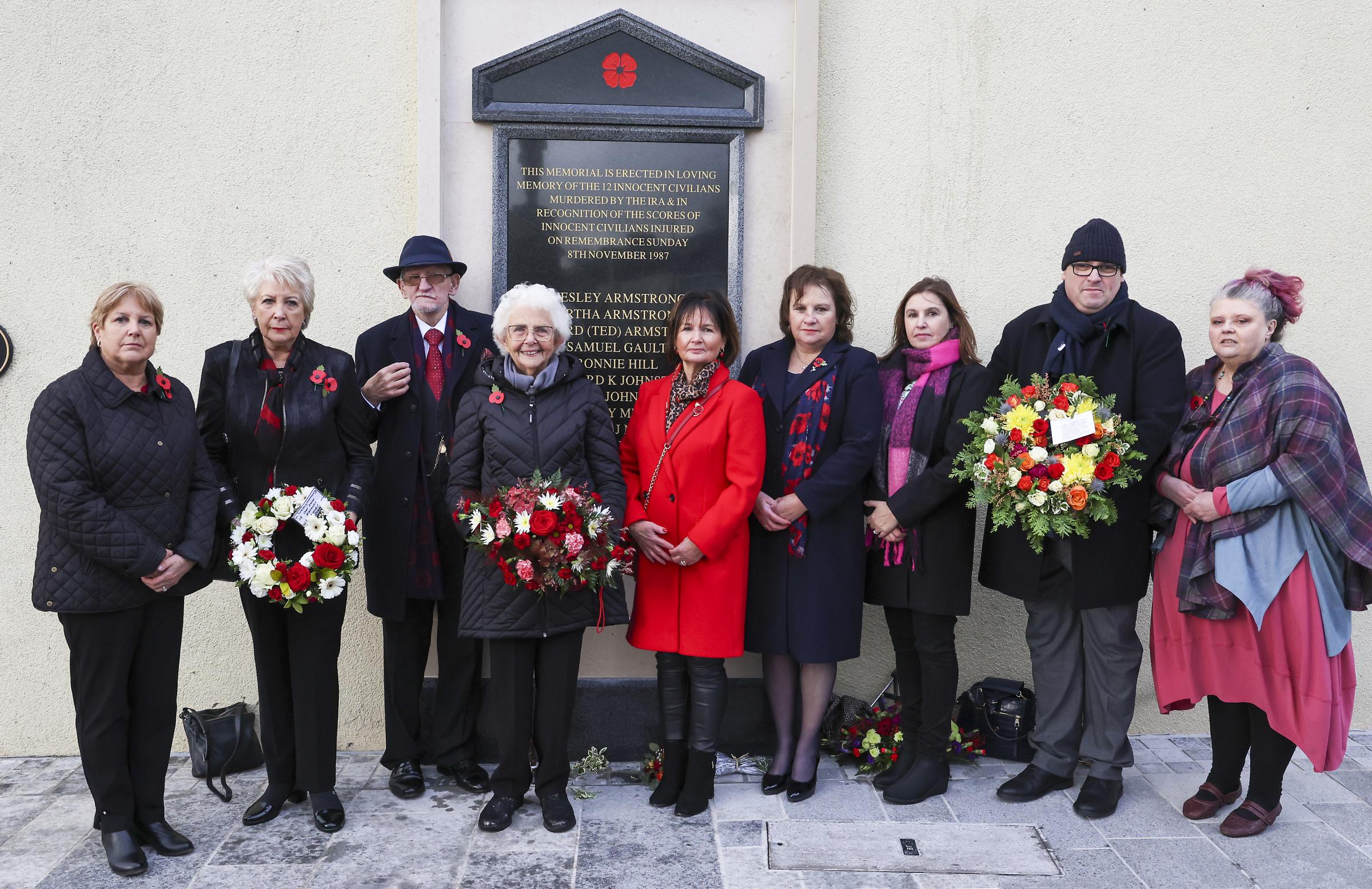 Attending The 35th anniversary of The Enniskillen Bomb at the new site of the memorial in Enniskillen are from left, Joan Anderson and Margaret Veitch, (daughters of William and Agnes Mullan), Jim Dixon, the most seriously injured person to survive the