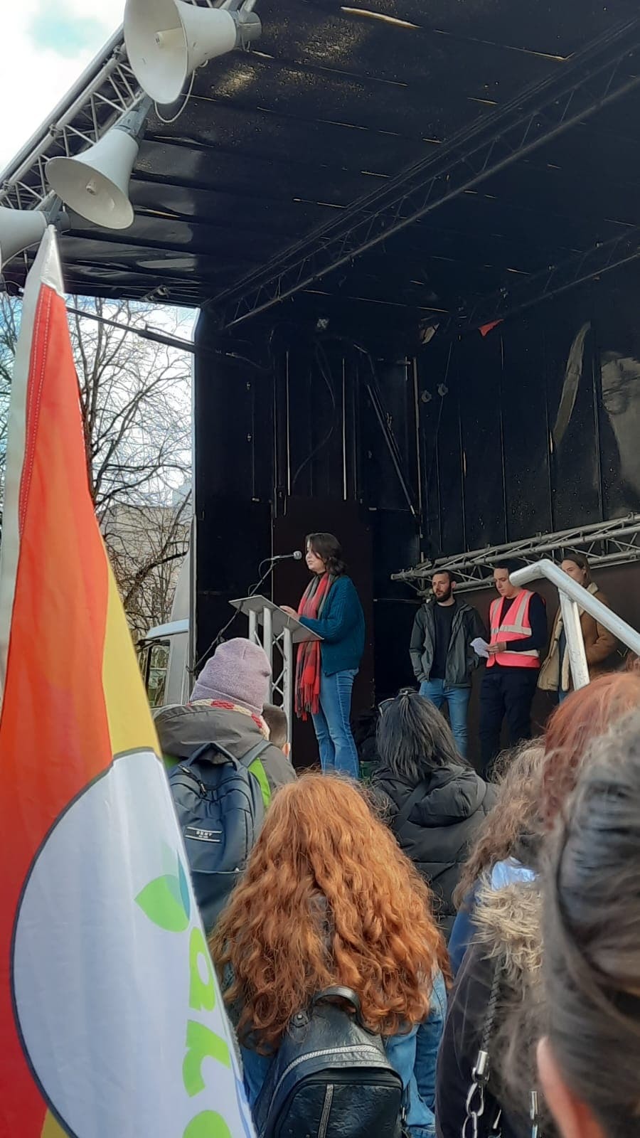 Eibhlinn Fee speaking at the Climate Coalition Northern Ireland rally in Belfast.