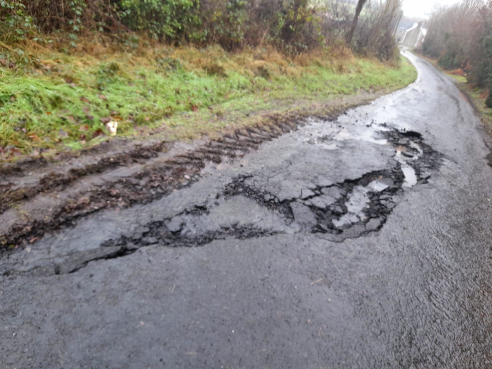 Damage to road surface on Toneyvarnog Road in Co. Fermanagh.