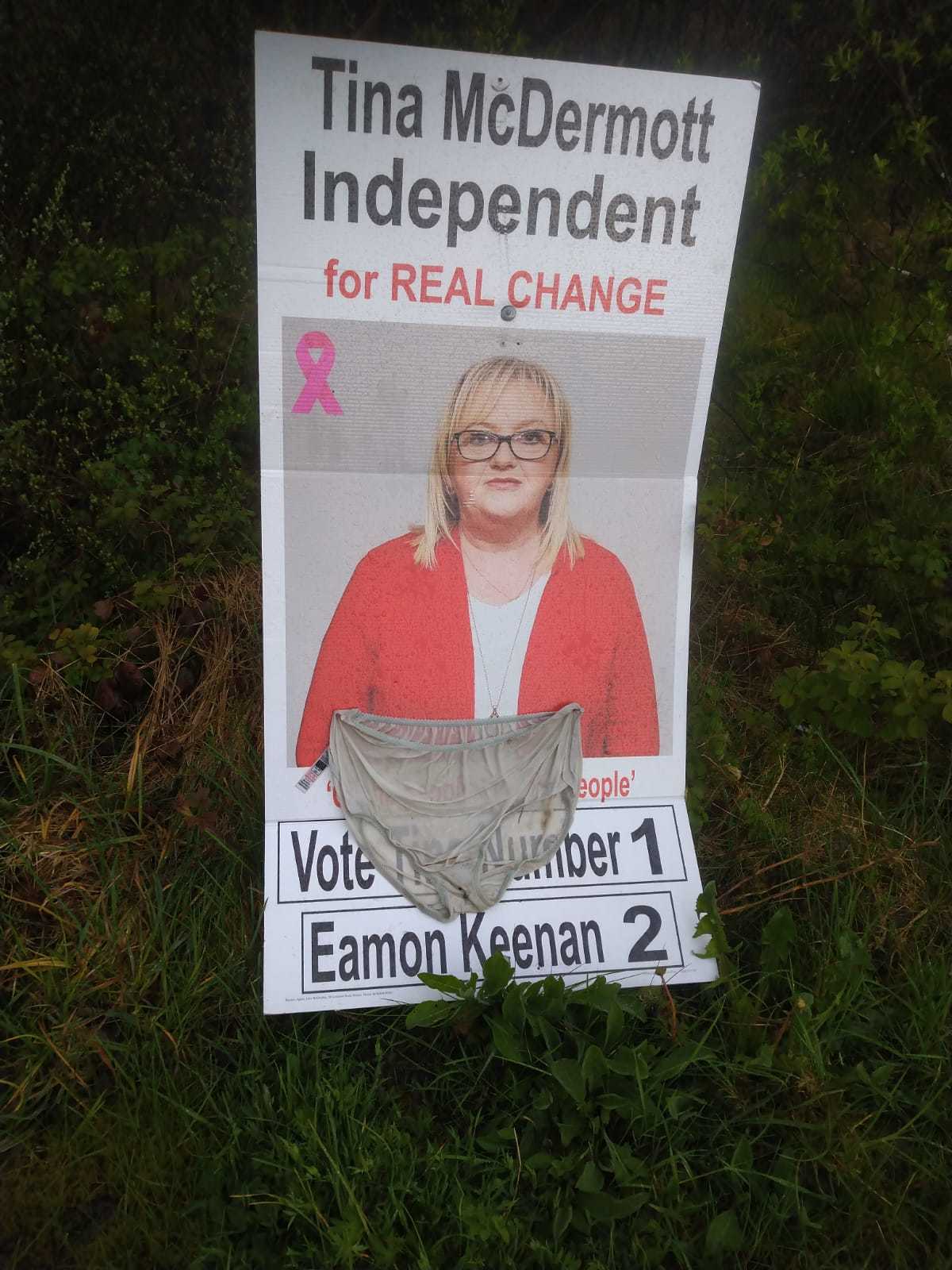 Defacement to an Independent candidates poster in Erne East. Image: Facebook.