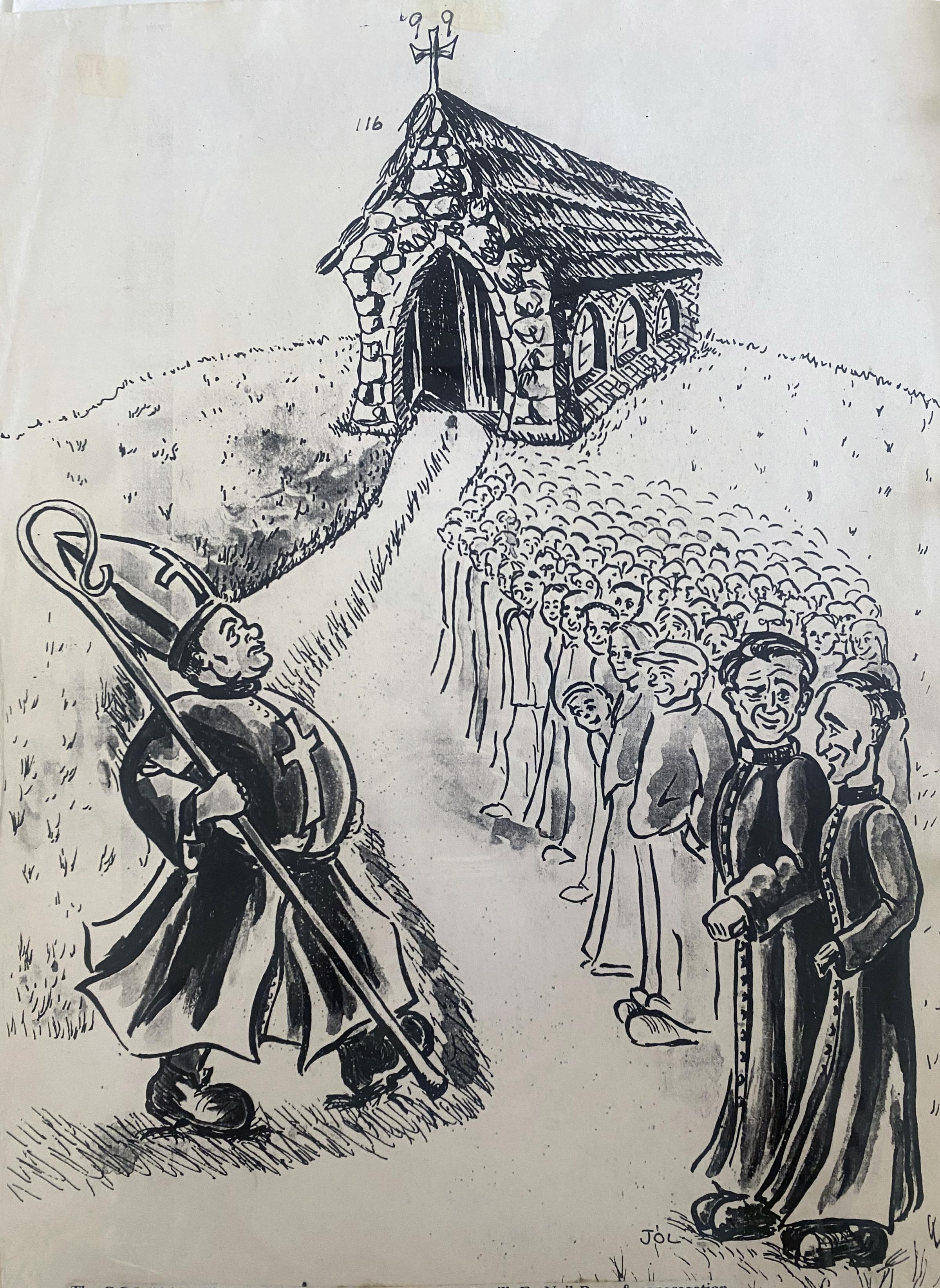 This drawing by Jane OLoughlin pays tribute to the amusing incident when a visiting Church of Ireland Bishop of Clogher was greeted by Rev. James B. Tuthill and his friend, Fr. Neal Ryan - whose Catholic congegration had came along with him, and