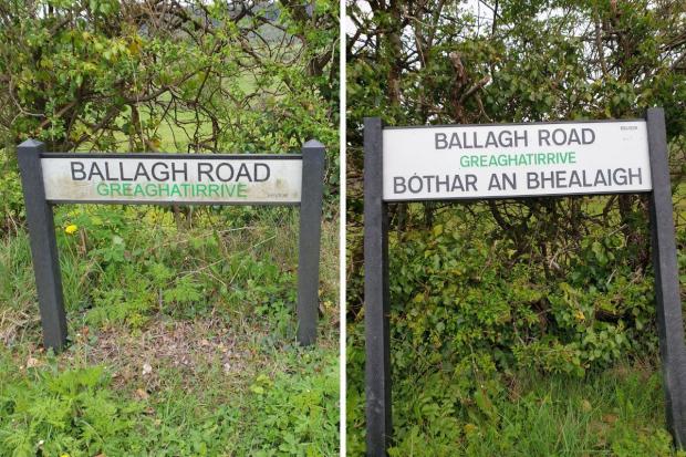 The previous Balllagh Road sign and the new dual language sign it has been replaced with.