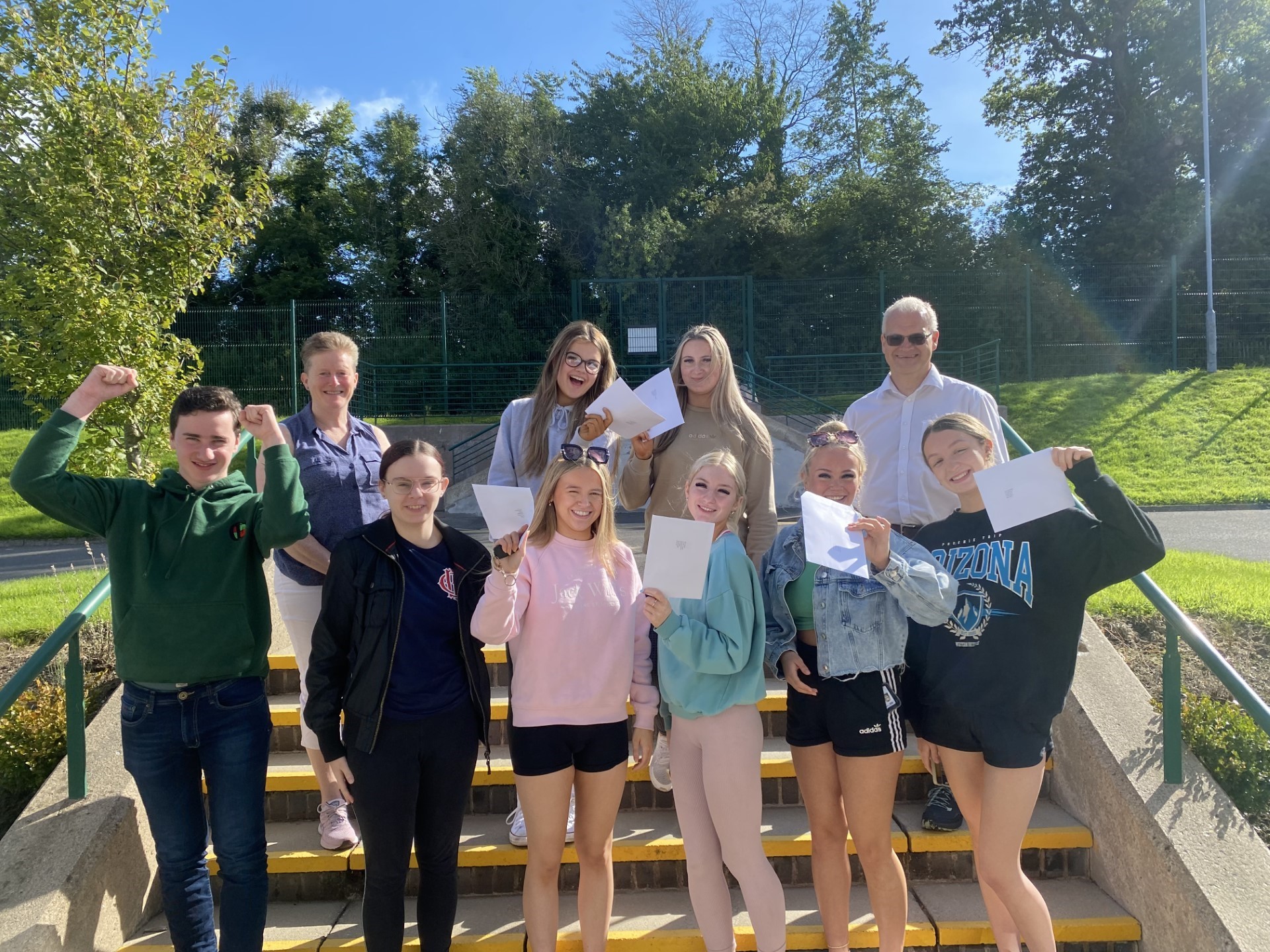 Erne Integrated College A-Level students receive their results. Pictured front row, from left: Stuart Bothwell, Abigail Farrelly, Amy Ellis, Elise Breen, Hope Milligan and Ava Lorentzen. Back row, from left: Vice Principal Sharon McKee, Samantha