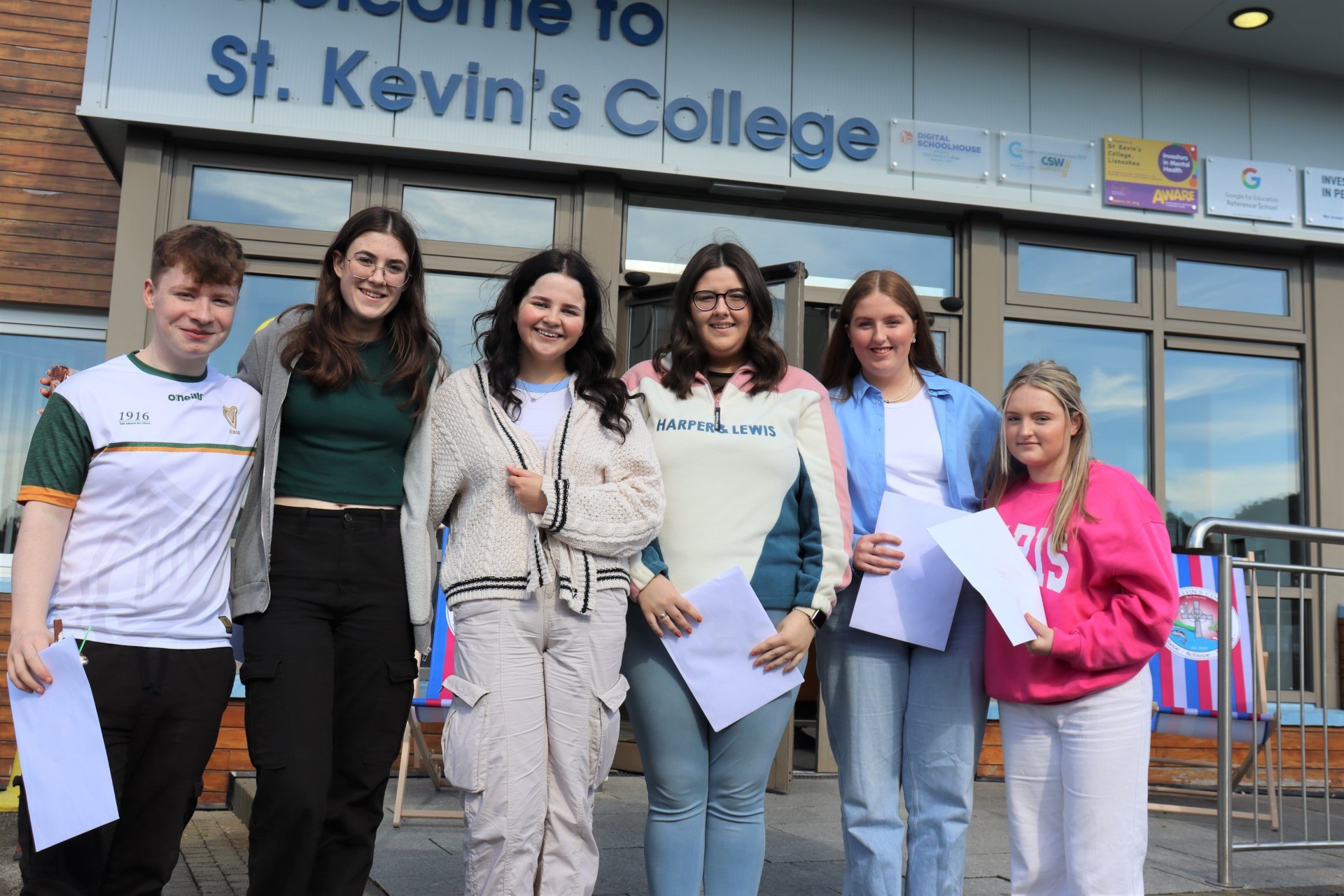 St. Kevins College A-Level students receiving their results. Pictured from left: Lonan Leonard, Joanne McElgunn, Kirsten McDermott, Ellen Faux, Kerri Creighan and Aleesha Dowd.
