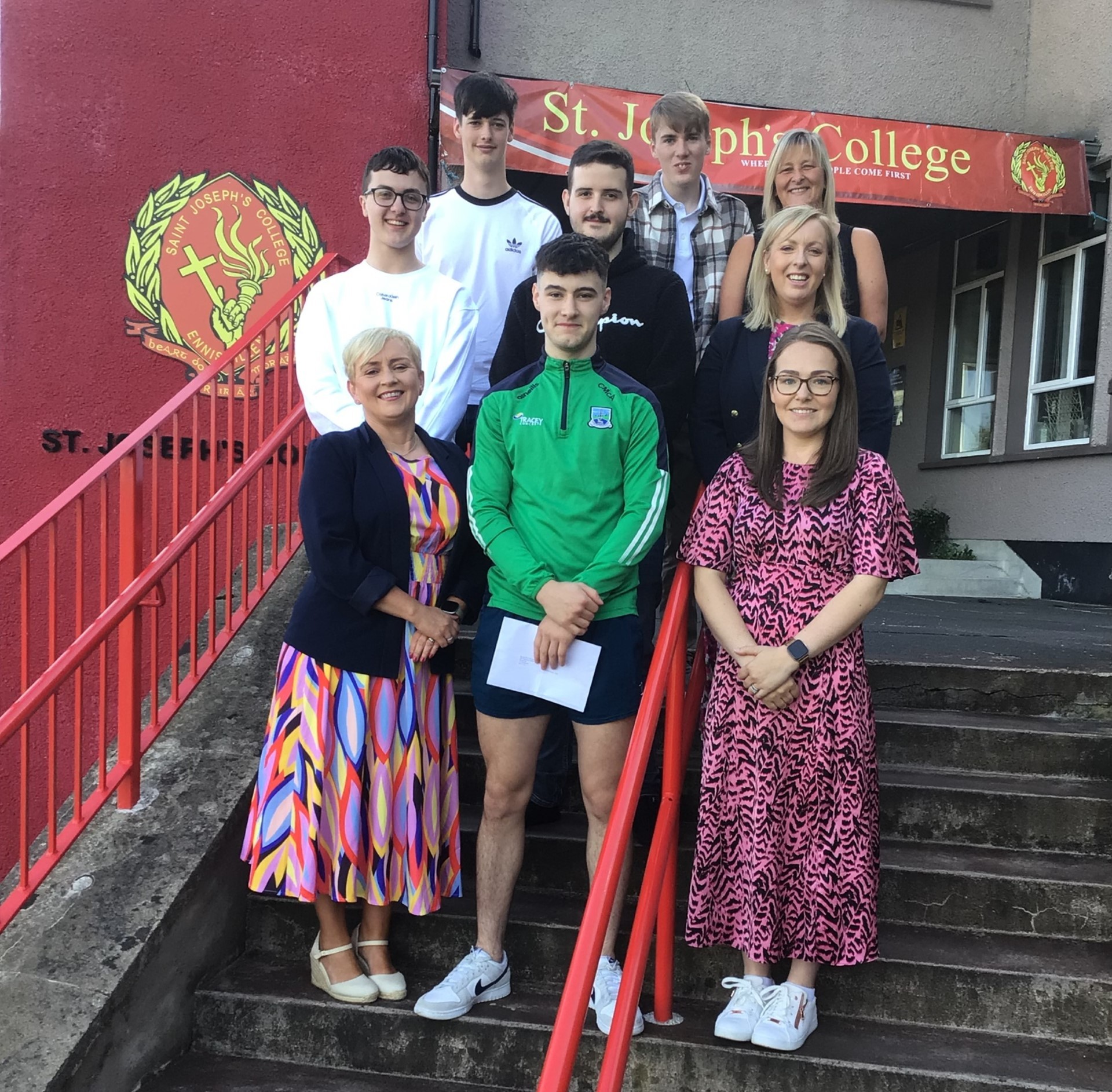 St. Josephs College Year 14 A-Level cohort. Back row, pictured from left: Sean Fee, Joe Doherty, Fiona Bartley, Head of Careers. Middle row: Eoin Bullion, Dennis McGinley, with Vice-Principal Ann Carrigan.Front row: Principal Mrs. Helena Palmer, Cal