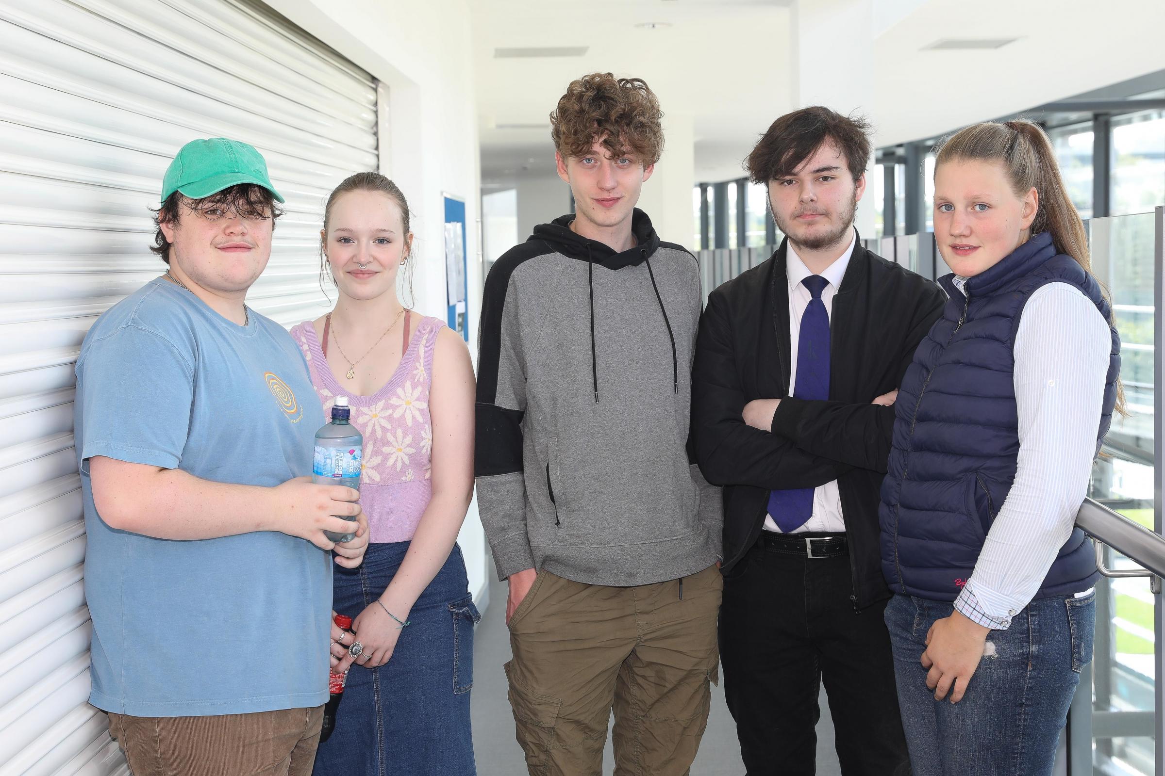 South West College students receiving their results. Pictured from left: Charlie Handley, Amelia Poulton, Fiachra Avery and Rebekah Nicholl. Photo: Tim Flaherty.