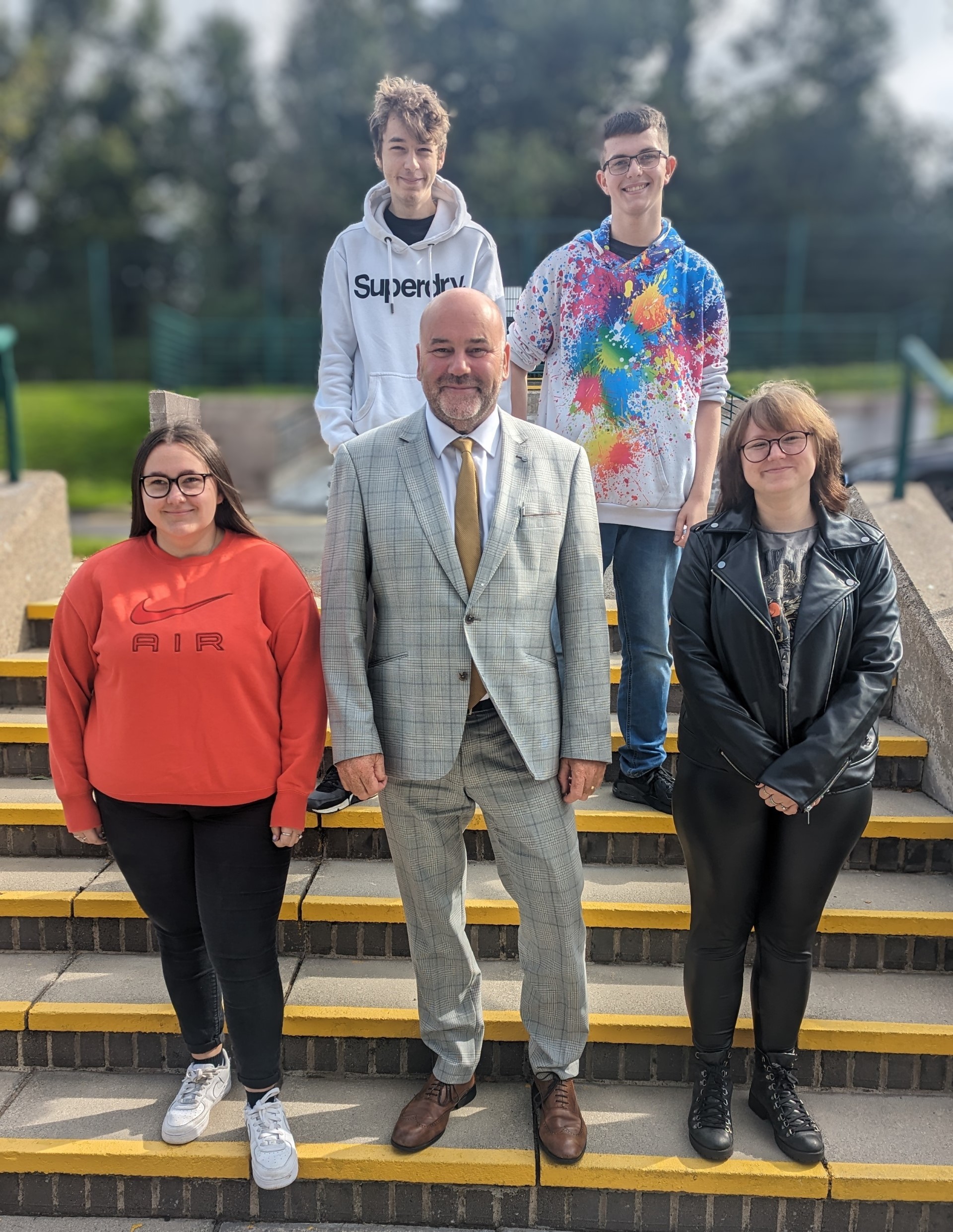 Erne Integrated College students (front) Lashana Williamson-Owens, Principal Jackson-Ware and Liene Ozolina with (back) Chris Walsh and Thomas McCreery.