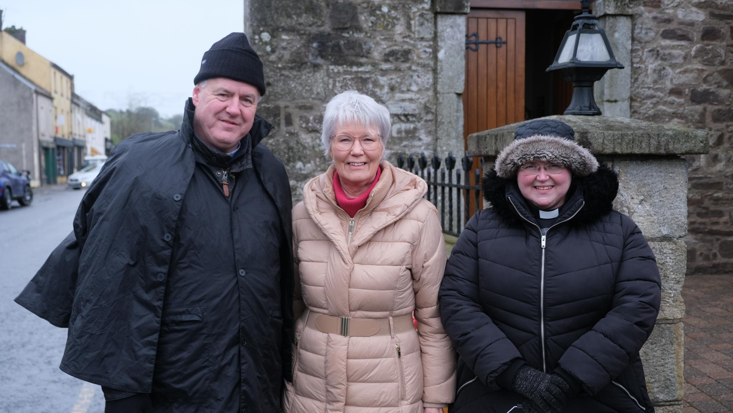 Shirley Johnston with Rev. John Beacom, Minister of Ballinamallard Methodist Church, and Rev. Alison Irvine, Magheracross Parish Church.
