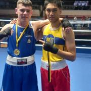 Erne Boxing Club's Rhyss Owens with opponent Faraz Abid (Hoddesdon Boxing Academy) after cliaming gold at the King of thw Ring tournament in Sweden.