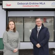 Deborah Erskine, MLA with Sir Jeffrey Donaldson, MP, speaking to the media in Enniskillen.