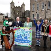 Pictured at the launch of The St.Patrick's Day Event in Enniskillen are from left, Saoirse Rooney, Blathnaid Rooney and Darragh Rooney, Rosslea Comhalts; Errol Thompson, Chairman of Fermanagh and Omagh District Council; Noelle McAloon, Enniskillen