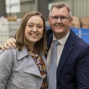 DUP's Deborah Erskine (left) with party leader Sir Jeffrey Donaldson at the Meadowland Arena, Magherafelt as counting continues in the Northern Ireland Assembly Election. Picture by Liam McBurney / PA