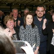 Jemma Dolan, (centre), deemed elected at The NI Assembly Elections with her parents Gerry and Margaret, Conor Fearon (fiancee) and Michelle Gildernew, MP.