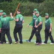 The North Fermanagh players celebrate after taking a wicket.