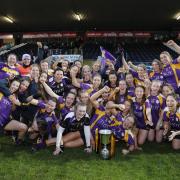 The Derrygonnelly Ladies side celebrate after securing the Ulster Intermediate title in Omagh today.