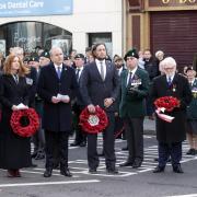 Attending The Enniskillen Remembrance Day Service are front from left, Chris Heaton-Harris, Secretary of State; Jayne Brady, Head of NI Civil Service;  The Taoisach Micheal Martin, Chris Rendo, US Consulate, Belfast, Jerome Mullen, Honorary Consul of The