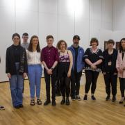 The Foundation Diploma in Art, Design and Media Practice students with Lecturers Gavin McCrea (4th from right) and Patricia Fox (far right).