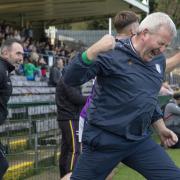 Derrygonnelly joint manager Sean Flanagan celebrates at the final whistle.
