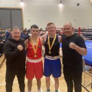Erne boxers Rhys Owens and Anthony Malanaphy with coaches Greg Copeland and Sean Crowley.