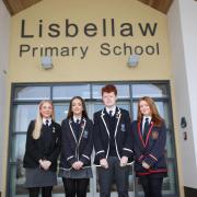 Rebecca Copeland, Kaela Johnston, Andrew Beacom and Darcy Crawford, pictured on a recent return to their former school, Lisbellaw Primary School.