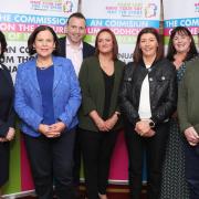 Sinn Féin President Mary Lou McDonald, and SF MP Michelle Gildernew, with members of the panel: Mairaid Kelly, Dr. Niall McVeigh, Noelle McAloon, Kathleen Fitzpatrick and Trevor Birney.