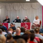 A panel of CWU members including Mark Feehily Branch Secretary NI Telecoms, Steve Albon National Executive of CWU, and Erin Massey, Regional Secretary Northern Ireland CWU, at the meeting in THe Westville Hotel on Monday evening.