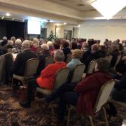 Guest speaker Jilly Dougan (at left) giving her talk to Fermanagh Gardening Society members at the Killyhevlin Hotel.