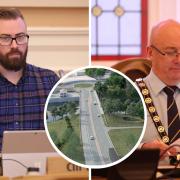 Councillor Dermot Brown and Thomas O'Reilly; inset, proposed Enniskillen Bypass.