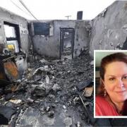 The scene of the fatal house fire in Derryline. Inset: Denise Gossett.