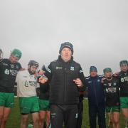 Fermanagh manager, Joe Baldwin, speaks to his squad after victory over Longford.