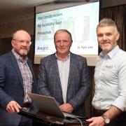 Dr. Ryan Law (right), an animal nutritionist with Anupro, and guest speaker at Fermanagh Grassland Club, with William Johnston, Club Secretary and Robin Clements, Chairman.