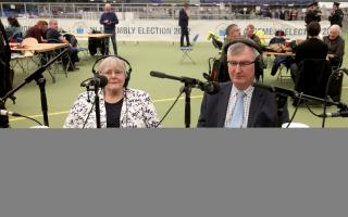 Rosemary Barton and Tom Elliott, UUP, speaking with the press during The NI Assembly Elections, Magherafelt, 2022.
