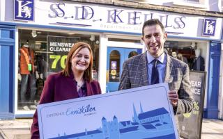 Pictured helping to promote the highly-popular Enniskillen Gift Card scheme are Noelle McAloon, Enniskillen BID, with Simon Kennedy, S. D. Kells.