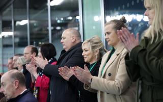 First Minister Michelle O'Neill and deputy First Minister Emma Little-Pengelly pictured at the National Stadium at the game between the Northern Ireland women's team and Montenegro.