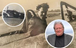 Charlie Lawson's father, Quintin in a Thunderbolt in Burma. Inset, right, Charlie Lawson; inset, right, Quintin's P47 with 79 Squadron in Burma.