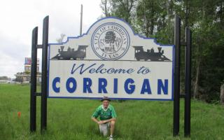 Joe Corrigan, proudly wearing a Fermanagh top, in the small town of Corrigan, East Texas (population 1,595). Image: Joe Corrigan.