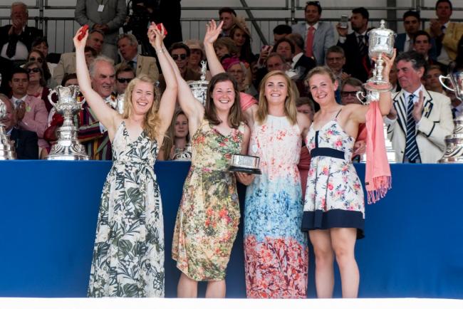Mathilda Hodgkins-Bryne, Melissa Wilson, Holly Nixon and Jess Leyden lift the Princess Grace Challenge Cup.